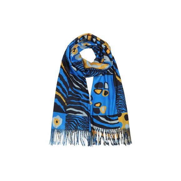 Abstract Animal Print Scarf With Fringe - Blue Yellow & Black - Picture 2 of 6